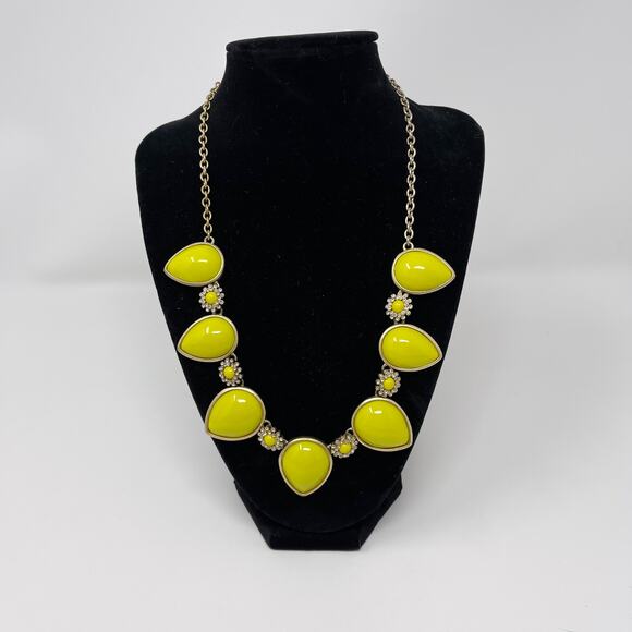 J Crew Yellow Cabochon Clear Rhinestone Necklace Gold Tone Statement Fashion - Picture 1 of 5